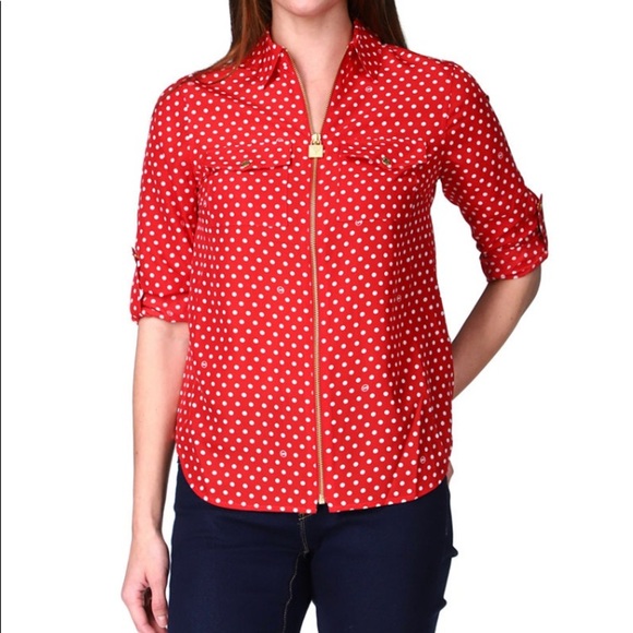 MICHAEL KORS dot print zip front red shirt / size S - Picture 1 of 14